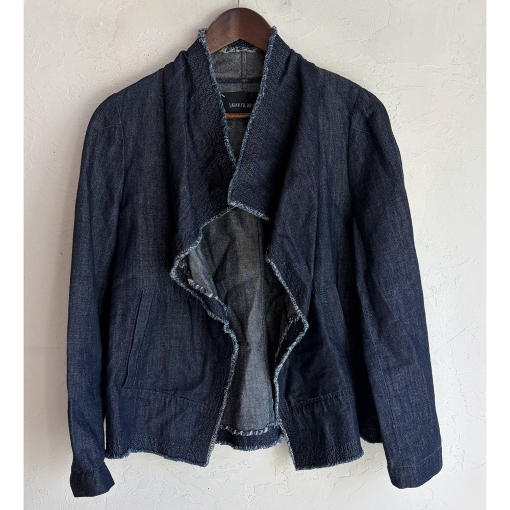 Lafayette 148 Denim Effect Cotton Linen Jacket L Waterfall Raw Hem Quiet Luxury